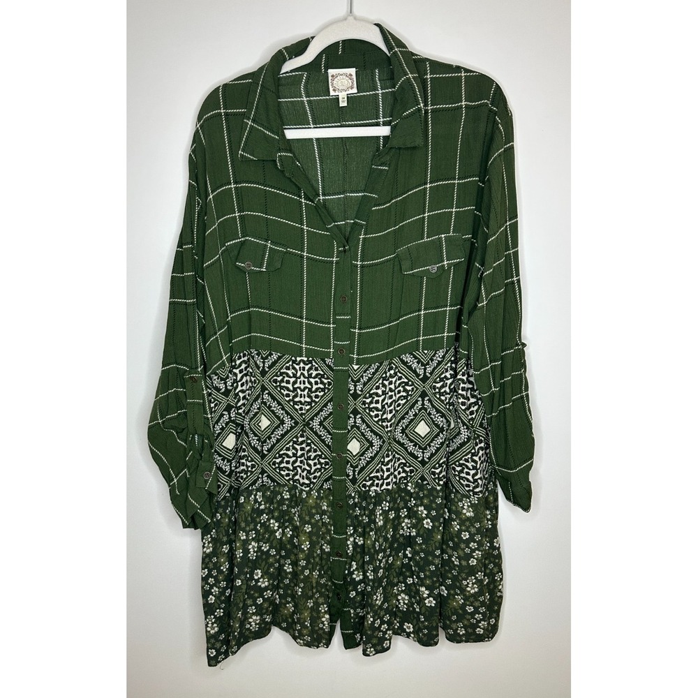 Trueself Mixed Print Plaid Floral Button Tunic Top Green Roll Tab Shirt Size 3X - Picture 11 of 12